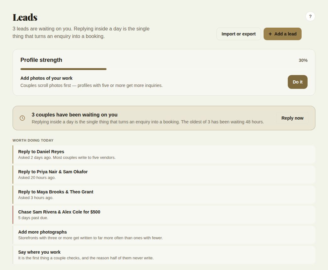 The top of Leads: the reply clock, then Worth doing today with the leads that need an answer and a late payment to chase