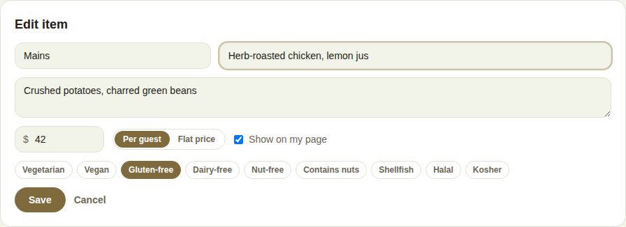 Editing a menu item: course, name, price, per guest or flat, and dietary marks