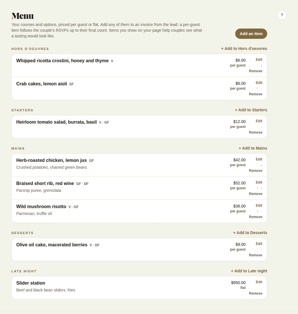 A caterer's menu, by course, with prices per guest and dietary marks