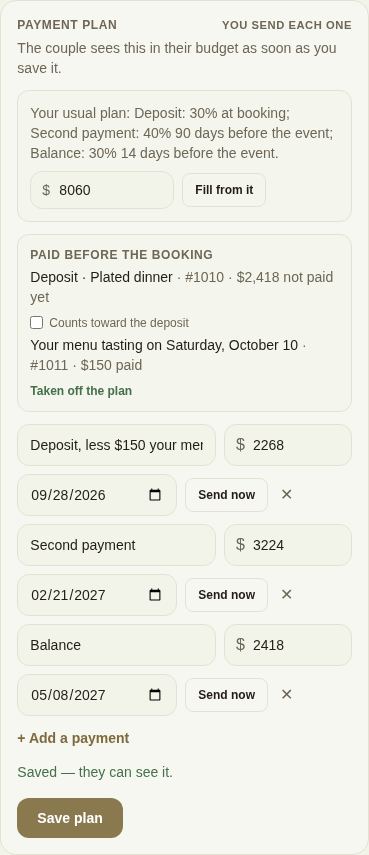 A booked lead: the payment plan and invoices in the right-hand column