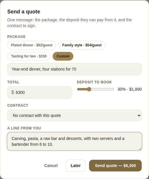 A custom quote for a corporate dinner, with a 30% deposit