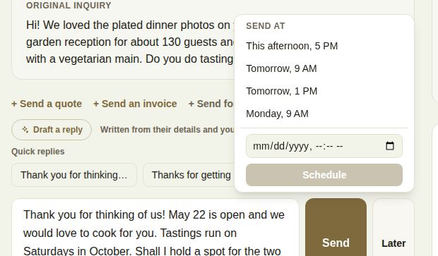 The Later menu with quick times and a custom time