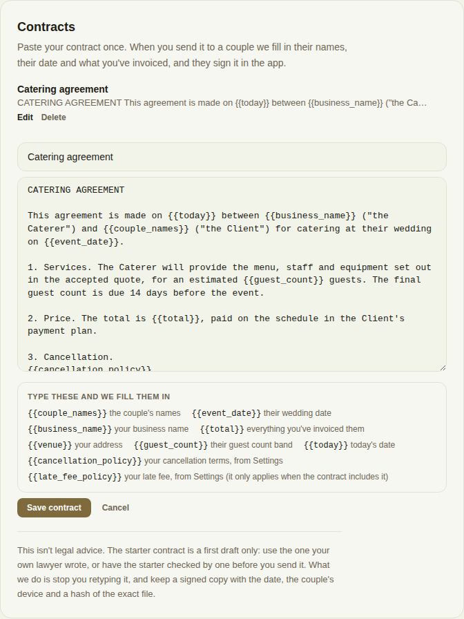 Editing a contract template, with the merge fields you can use