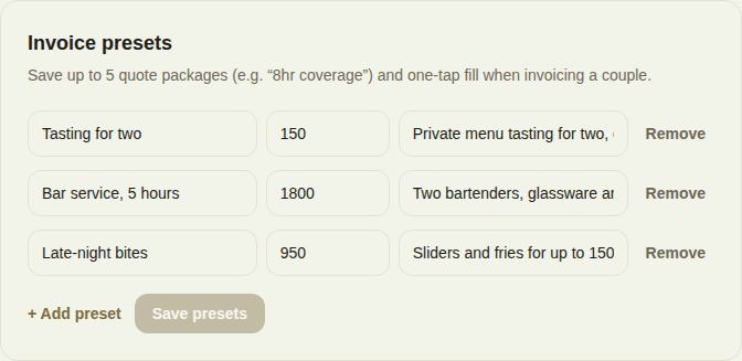 Invoice presets in Settings