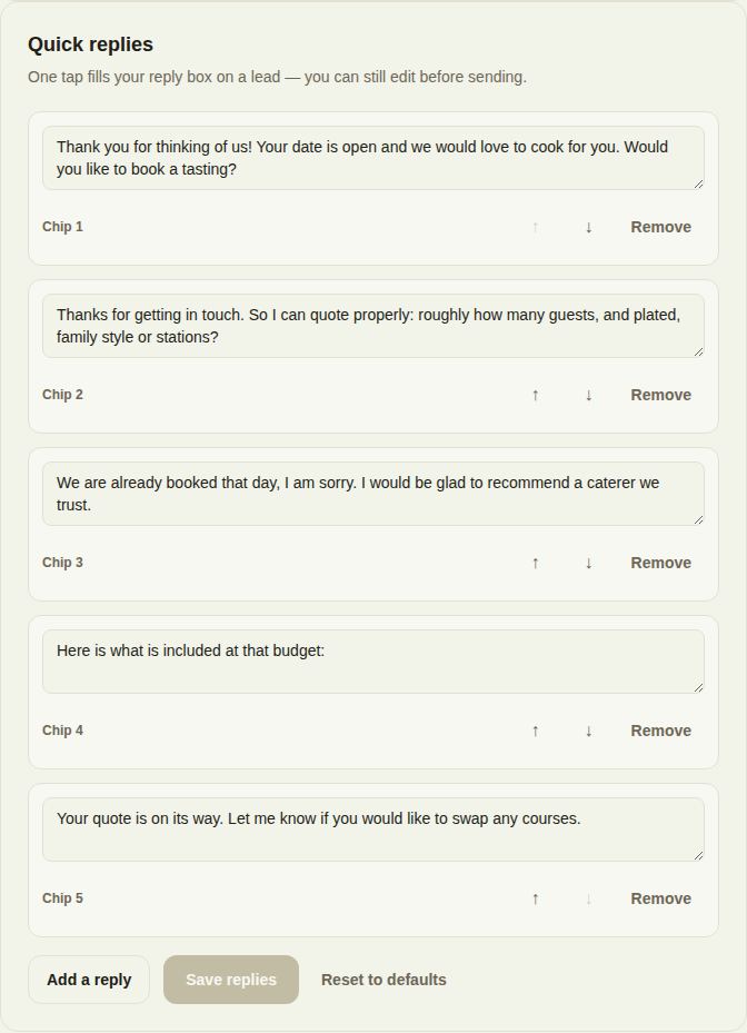 The Quick replies editor in Settings, with a caterer's own replies