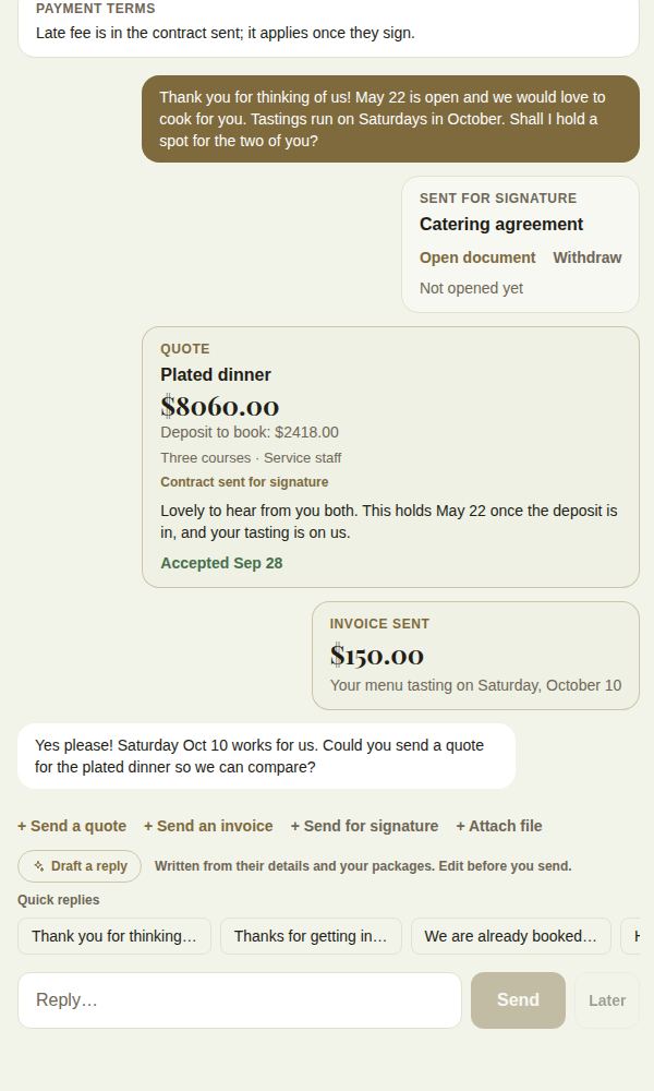 A conversation with a quote, a contract to sign and an invoice, and the couple's reply