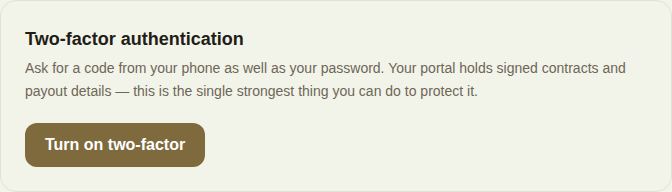 The Two-factor authentication card in Settings with Turn on two-factor