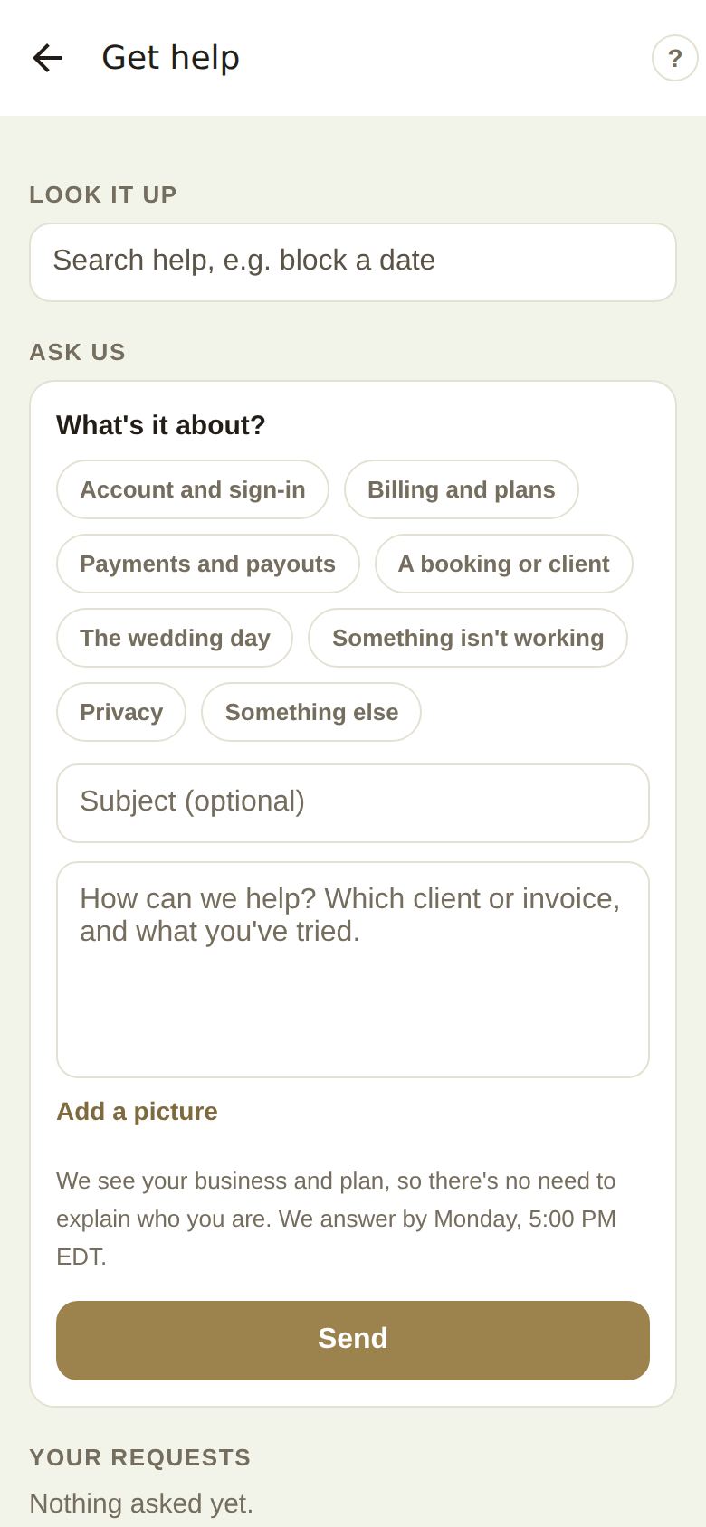 Get help in the app: Look it up, then Ask us with the topics, Subject, How can we help?, Add a picture and Send, and Your requests