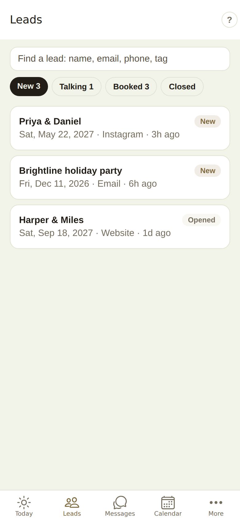 The Leads tab with a search box, New, Talking, Booked and Closed, and three new leads showing their date, source and age