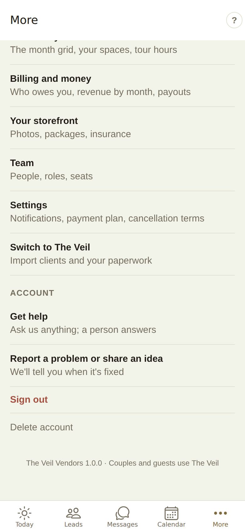 The rest of More: Your business pages, then Account with Get help, Report a problem or share an idea, Sign out and Delete account