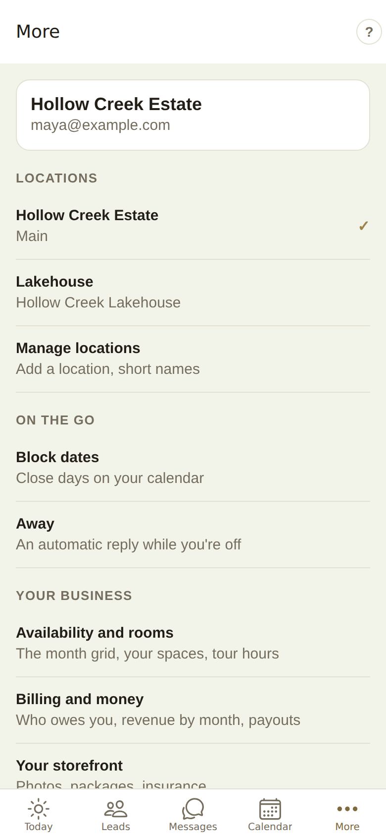 More in the app: the business and email, Locations with Manage locations, On the go with Block dates and Away, and the start of Your business
