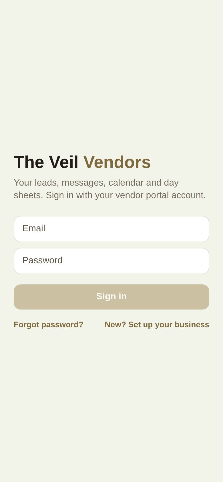 The Veil Vendors sign-in screen with Email, Password, Sign in, Forgot password? and New? Set up your business