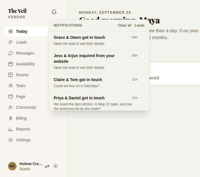 The bell open, listing new inquiries and replies with how long ago each arrived
