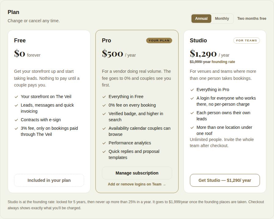 The Studio card showing $1,290 a year with $1,999 a year struck through and founding rate