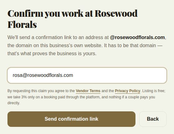 Confirm you work at Rosewood Florals, asking for an address on the business's own domain, with Send confirmation link and Back