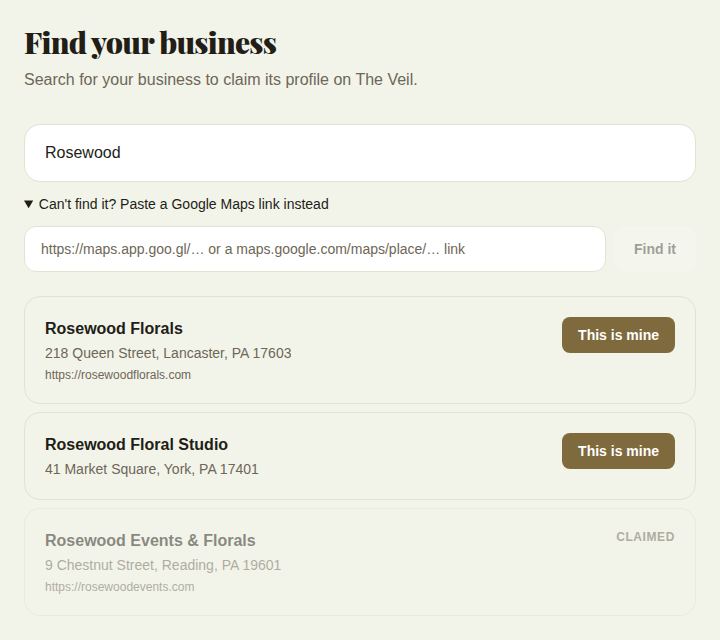 Find your business with three search results: two with This is mine, and one already marked Claimed, plus the Google Maps link box