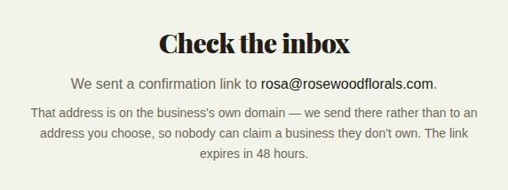 Check the inbox, confirming the link went to the business's own address and expires in 48 hours