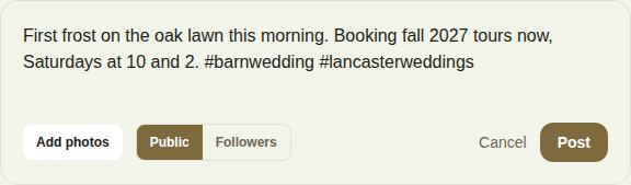 Writing a post: the caption with hashtags, Add photos, Public or Followers, Cancel and Post