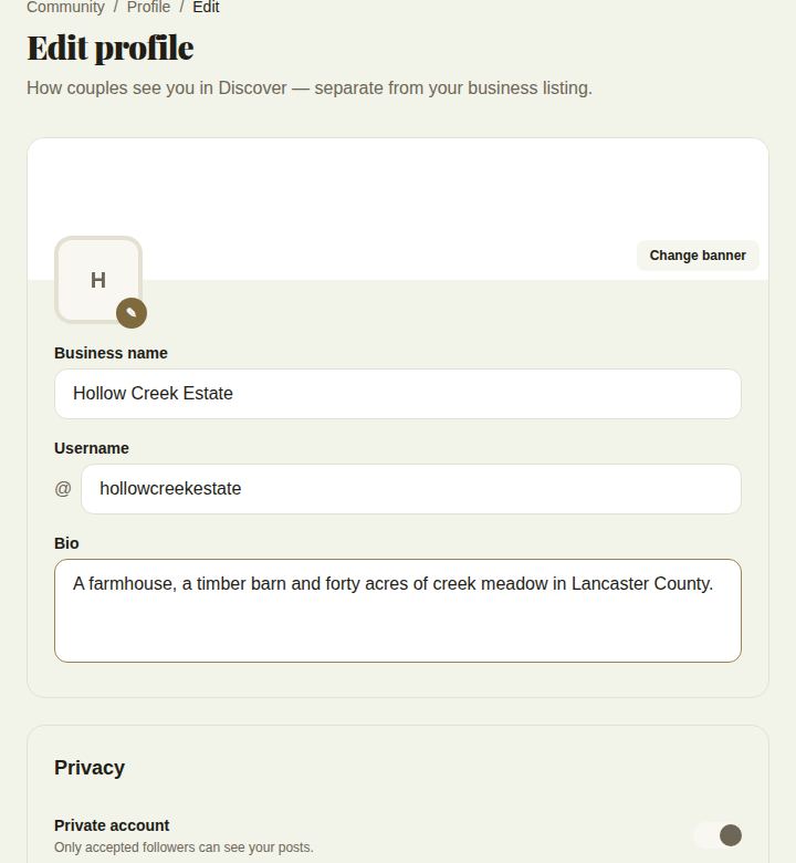 Edit profile: banner, avatar, Business name, Username and Bio
