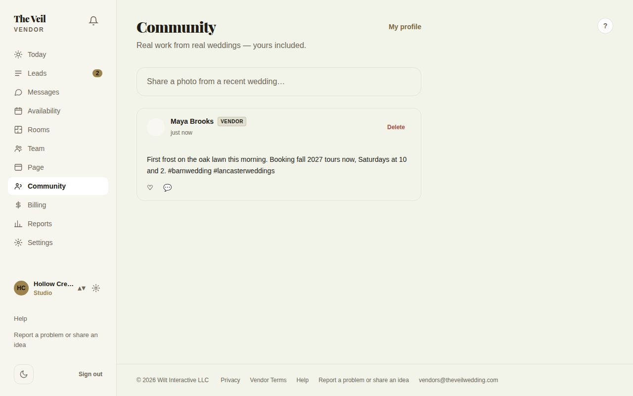 Community with a vendor's post: name, Vendor badge, caption with hashtags, like and comment buttons, and Delete