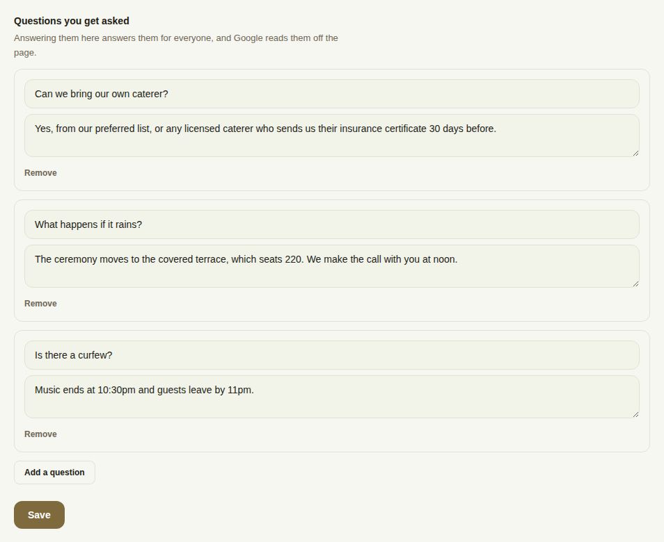 Questions you get asked, with three questions and answers and Add a question