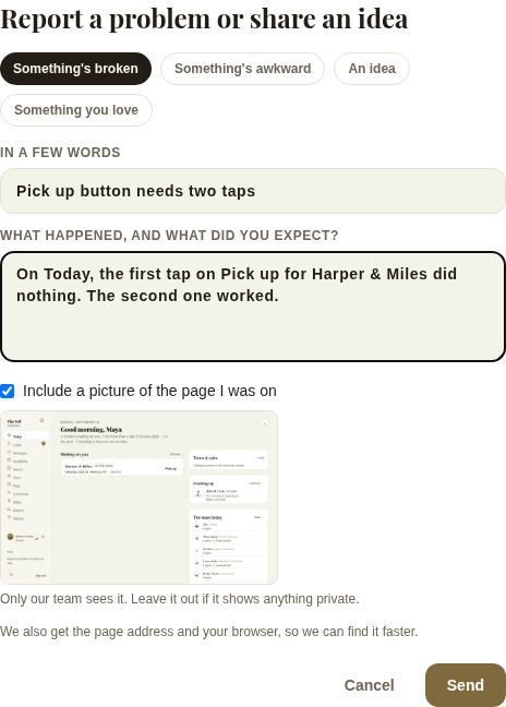 Report a problem or share an idea with Something's broken chosen, a title and details typed, and a picture of the page included