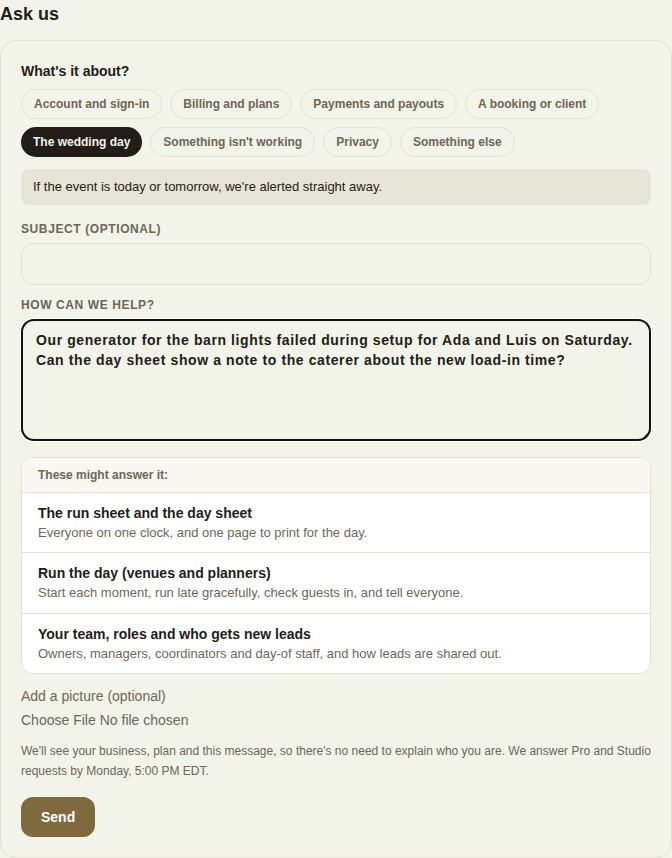 Ask us with The wedding day chosen, a question typed, suggested articles, and the answer-by time above Send