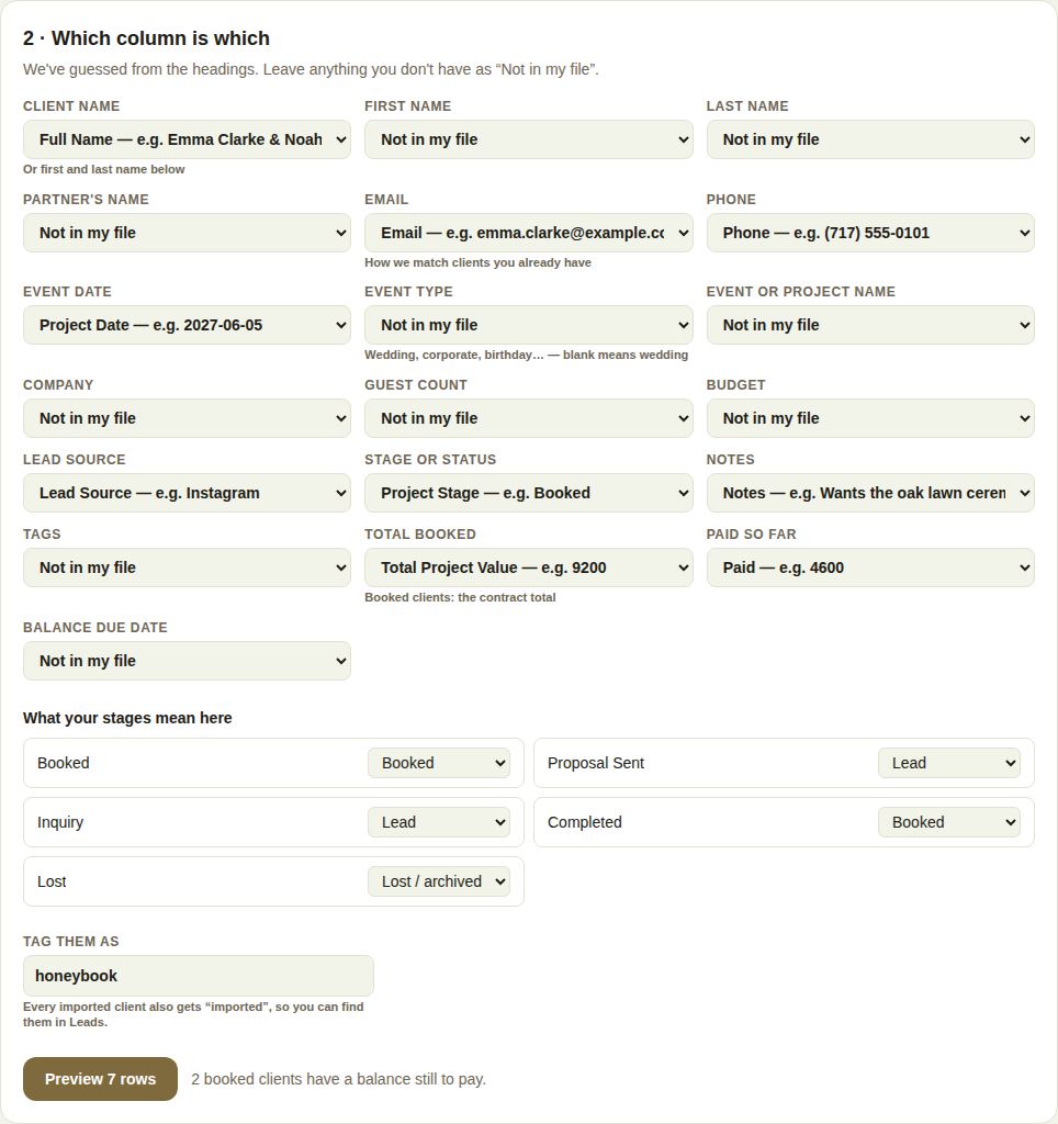 2 · Which column is which, with Client name, Email, Phone, Event date, Lead source, Stage, Notes, Total booked and Paid so far matched, and the stages below