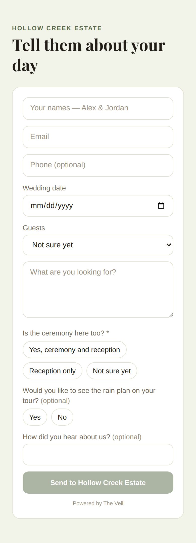 The inquiry form on a phone: names, email, phone, wedding date, guests, message, then the venue's three questions and Send to Hollow Creek Estate