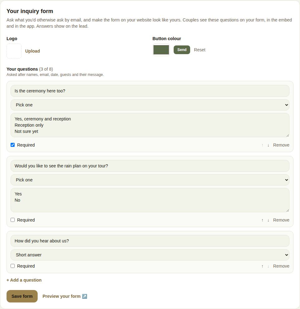 Your inquiry form: Logo, Button color with a Send preview, and three questions of your own