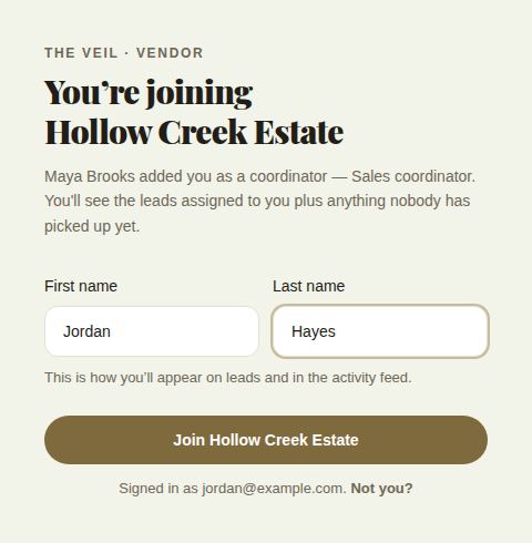You're joining Hollow Creek Estate, added as a coordinator, with First name, Last name and Join Hollow Creek Estate