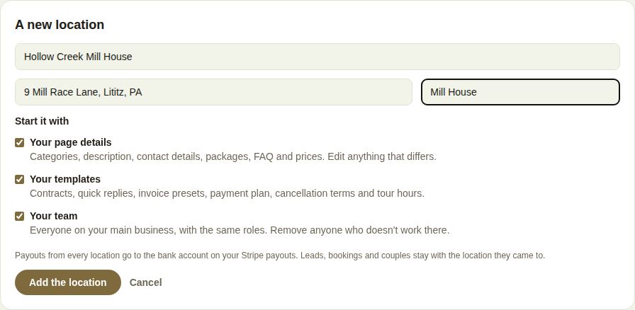 A new location with its name, address, a short name, and Start it with page details, templates and team all ticked