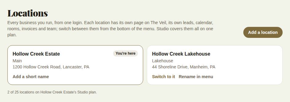 Locations: Hollow Creek Estate (Main, You're here) and Hollow Creek Lakehouse, with Add a location and 2 of 25 locations on the Studio plan