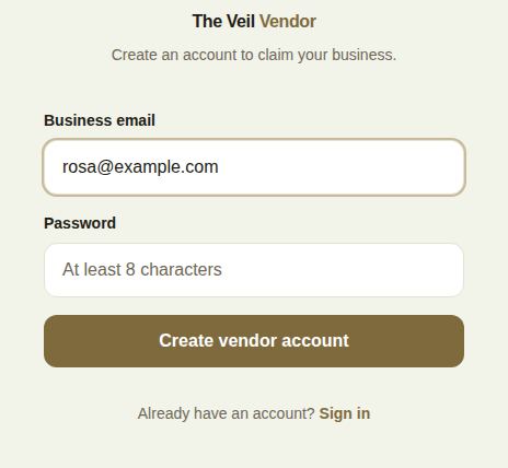 The portal sign-in screen switched to Register your business, with Business email, Password and Create vendor account
