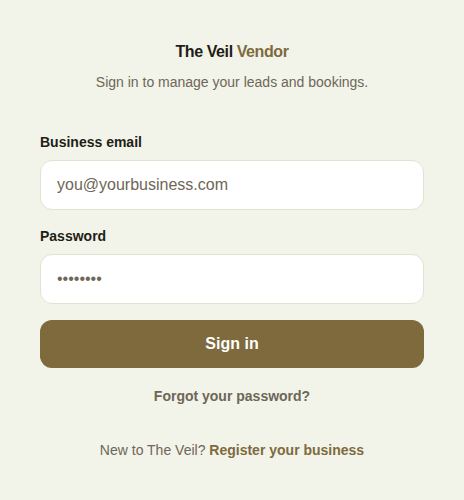 The vendor sign-in screen with Business email, Password, Sign in, Forgot your password? and Register your business