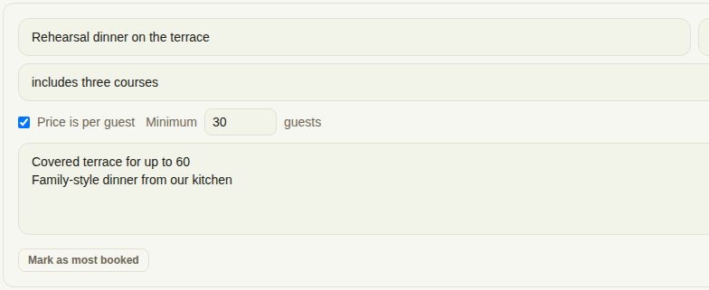 A package with Price is per guest ticked, $45, a minimum of 30 guests and includes three courses
