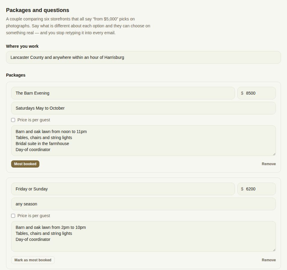 Packages and questions: Where you work, then The Barn Evening at $8,500 marked Most booked, and a second package