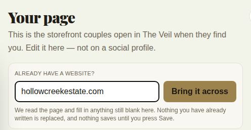 The Your page heading with a website address typed into Already have a website? and the Bring it across button