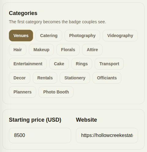 The Categories panel with Venues chosen, and Starting price (USD) and Website below it