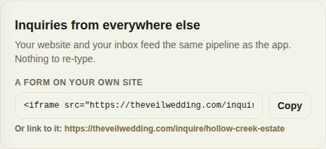 Inquiries from everywhere else: the embed snippet with Copy, and the plain link to the form