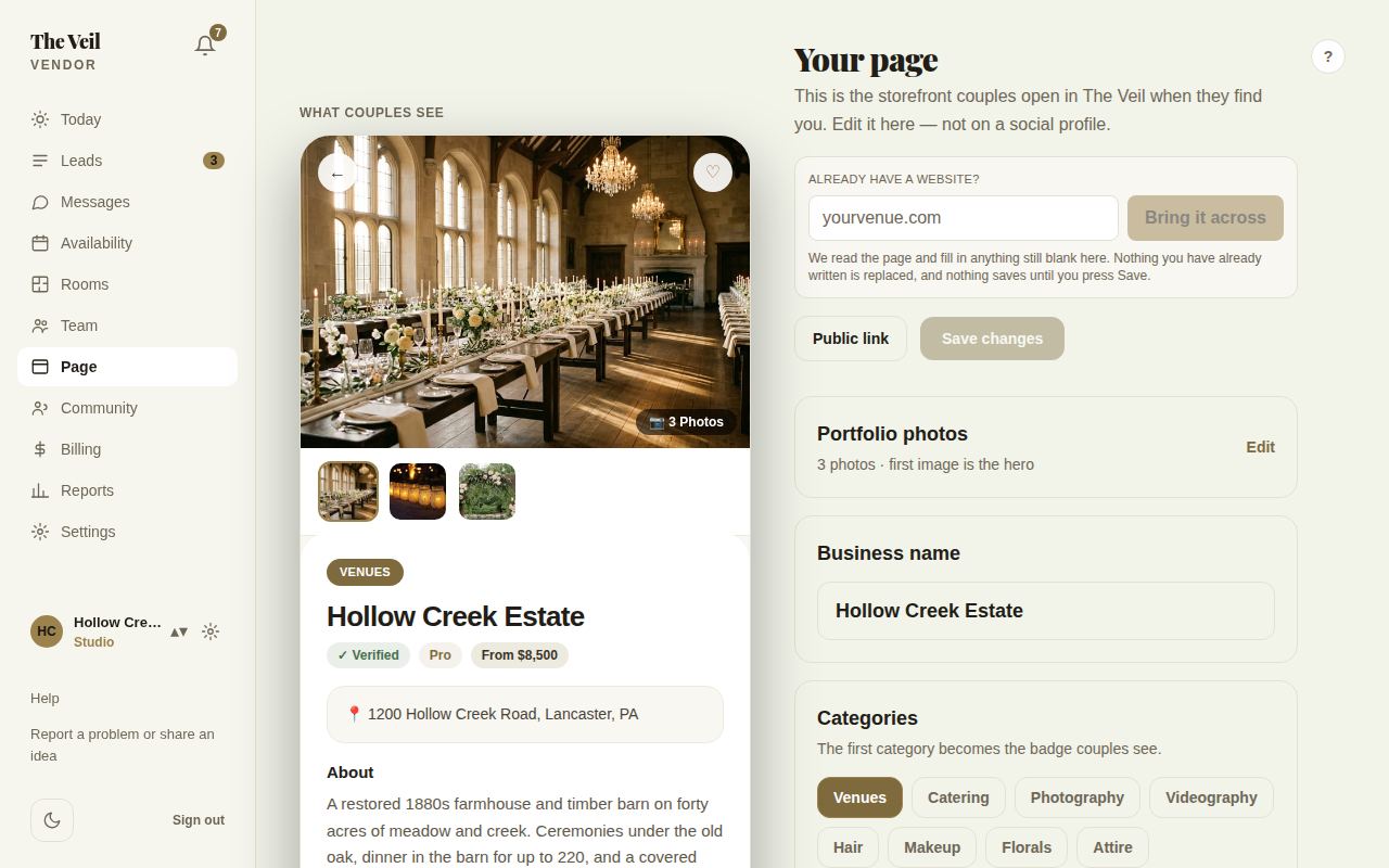 The Page screen: a live preview of what couples see on the left, and the edit panels with Bring it across, Public link and Save changes on the right