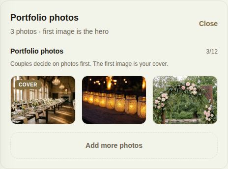 Portfolio photos open for editing: three photos with the first marked Cover, 3/12, and Add more photos