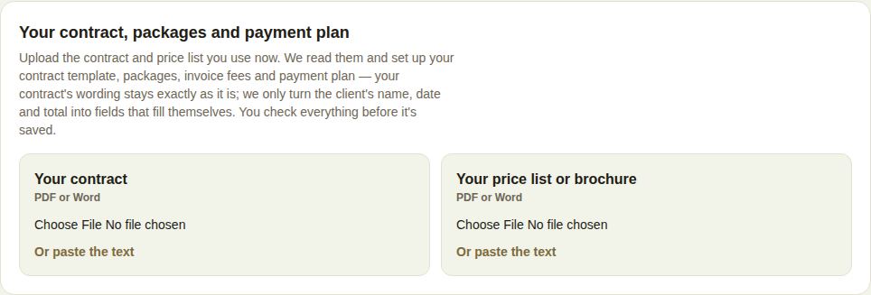Your contract, packages and payment plan: two upload boxes, Your contract and Your price list or brochure, each with Or paste the text