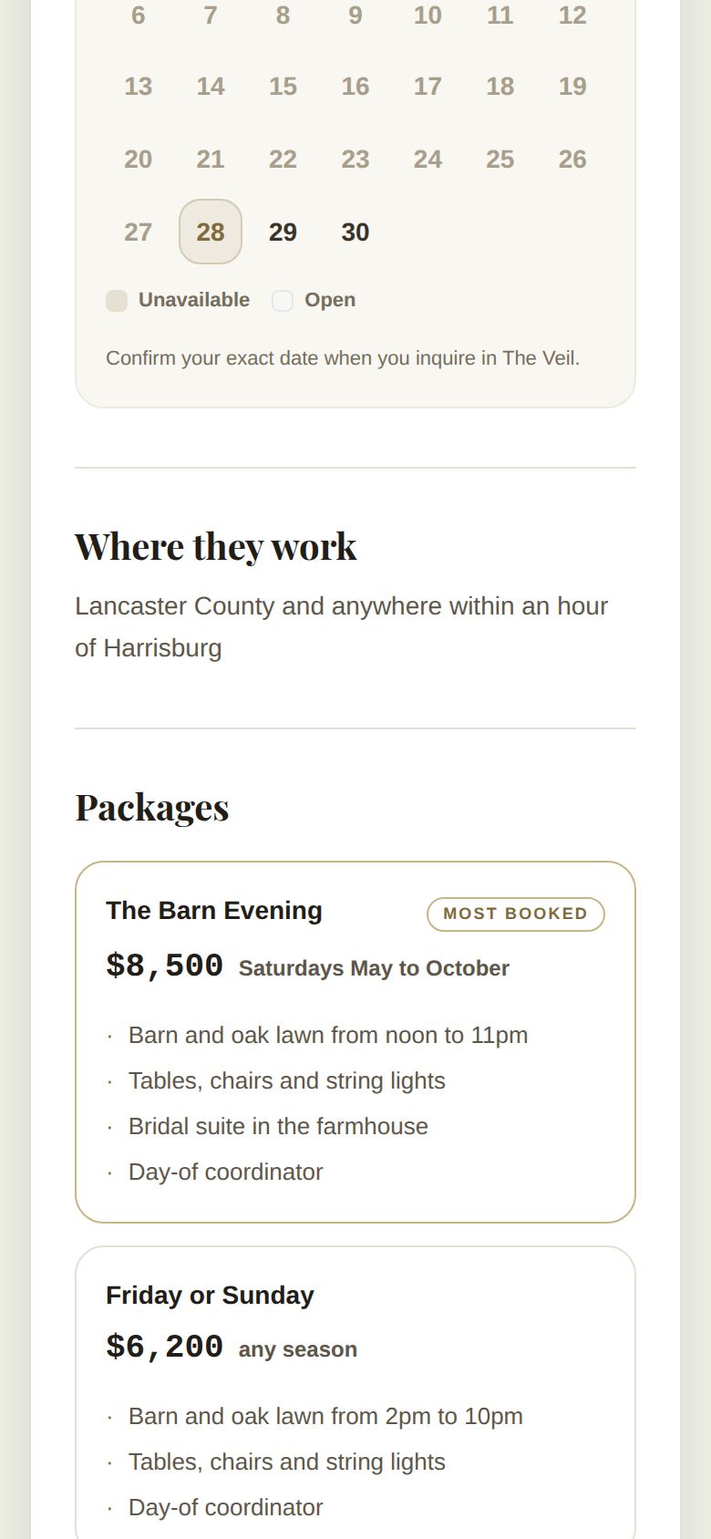 The public page on a phone showing Where they work and two packages, one marked Most booked