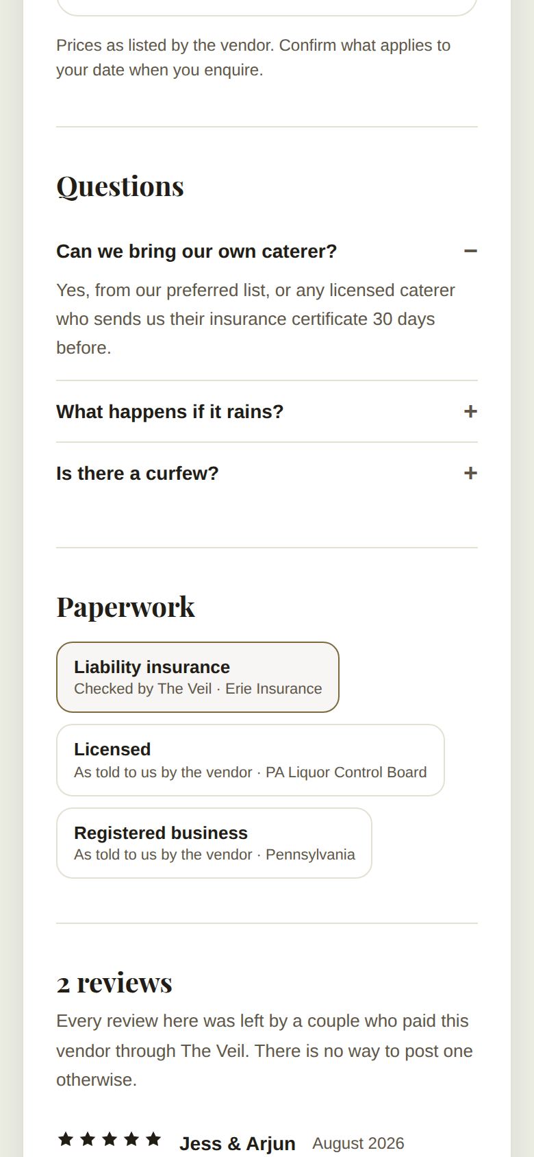 The public page on a phone: Questions, Paperwork, then 2 reviews with the note that every review was left by a couple who paid through The Veil