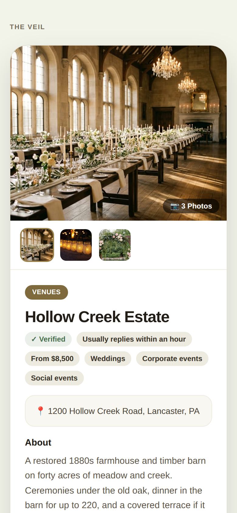 Your public page on a phone: cover photo, Venues badge, Verified, Usually replies within an hour, From $8,500, event types and address