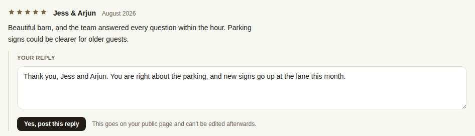 A reply typed under a review, with Yes, post this reply and the warning that it can't be edited afterwards