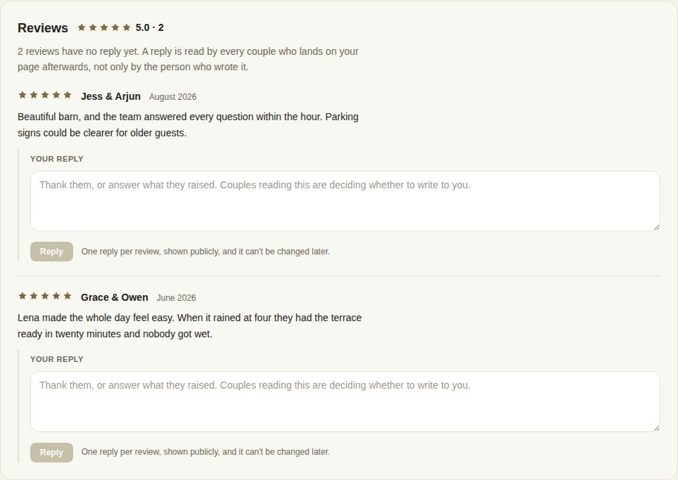 Reviews in the portal: 5.0 from two reviews, each with a reply box