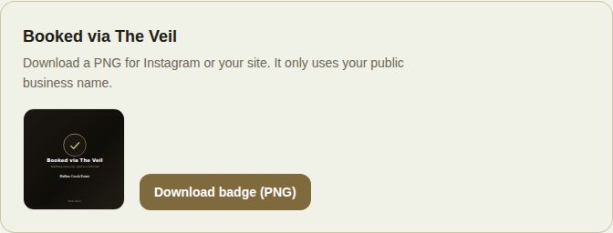 The Booked via The Veil card with the badge and Download badge (PNG)