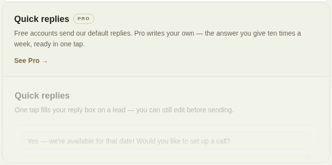 A Pro-only part of Settings on Free: Quick replies with a Pro tag, a short explanation and See Pro